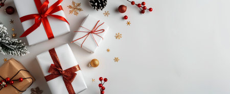 Christmas and New Year background. White gift boxes with red ribbons, fir branches and Christmas...