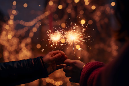 Couple holding sparklers on bokeh background. New Year and Christmas concept
