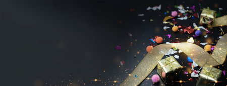 Merry Christmas and Happy New Year banner with confetti and gift boxes on black background