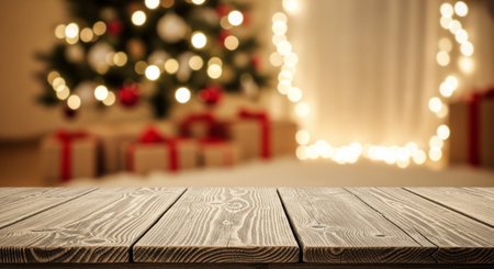 Wooden table in front of blurred christmas tree background with copy space