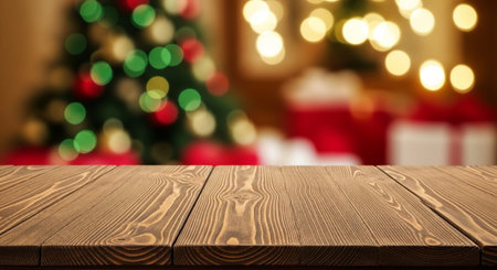 Wooden table in front of defocused christmas tree background.の写真素材