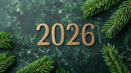 Wooden numbers in the form of a number 2016 on a green background with fir branches