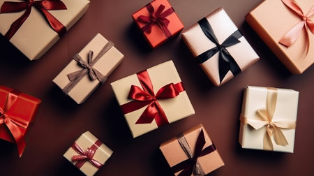 Top view of gift boxes with ribbons and bows on brown backgroundの写真素材