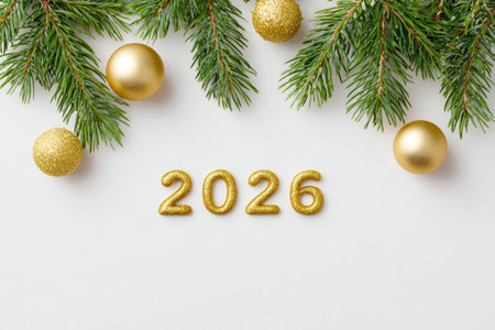 Christmas and New Year background with fir branches, golden balls and numbers 2016