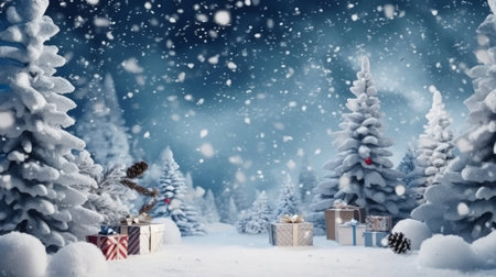 Winter landscape with snow covered fir trees, gift boxes and Christmas decorations.の写真素材