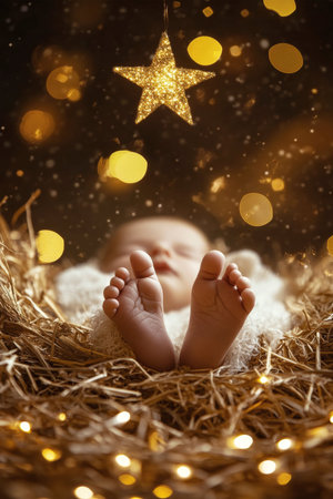 Newborn baby feet in a nest with golden bokeh lightsの写真素材