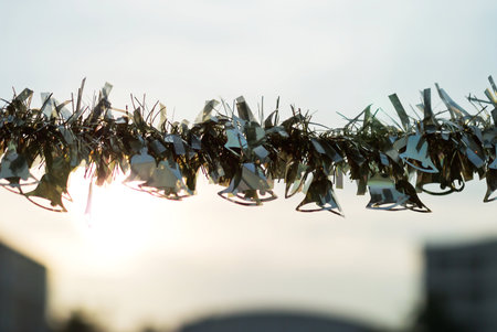 Garland of the keys on the background of the setting sun.の写真素材