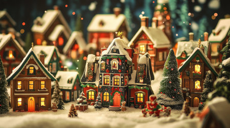 Christmas and New Year holiday background. Festive decoration in the form of houses, trees, snowflakes and bokeh.の写真素材