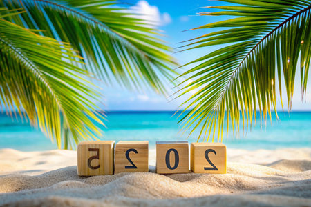 Wooden cubes with the word 2020 on the sand near the palm tree and sea