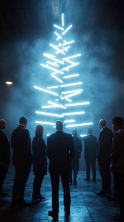 Silhouette of a group of people looking at a christmas treeの写真素材