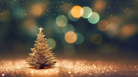 Golden Christmas tree on bokeh background. Merry Christmas and Happy New Year.の写真素材