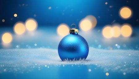 Blue christmas bauble in snow with bokeh background 3D rendering