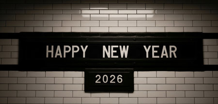 Happy New Year 2026 sign on a white brick wall.の写真素材