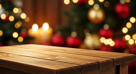 Wooden table in front of christmas tree with bokeh background