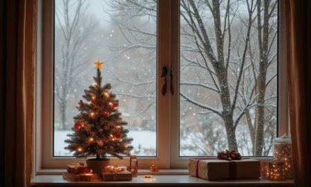 Christmas tree and gifts on a windowsill in the winter forest.の写真素材