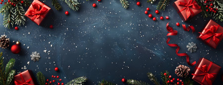 Christmas background with fir tree branches, red gift boxes and snowflakes. Top view with copy...