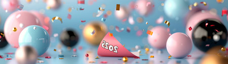 New year celebration banner with balloons and confetti 3D rendering