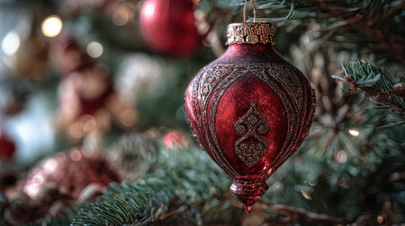 Christmas tree with ornaments on blurred background. Close up.の写真素材
