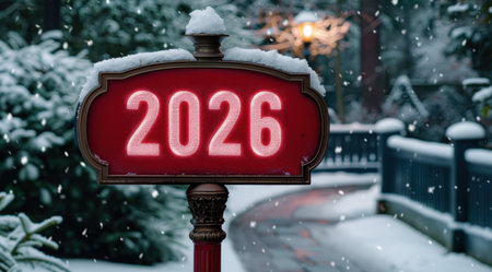 New Year's Eve in Boston, Massachusetts, USA. Red New Year's Eve Sign in Snow.