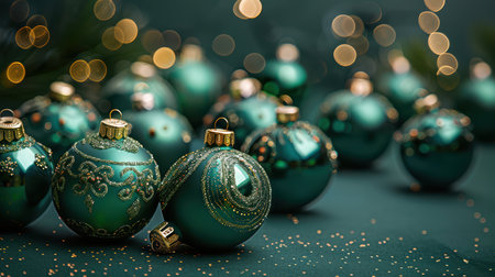 Christmas and New Year background with green Christmas balls and bokehの写真素材