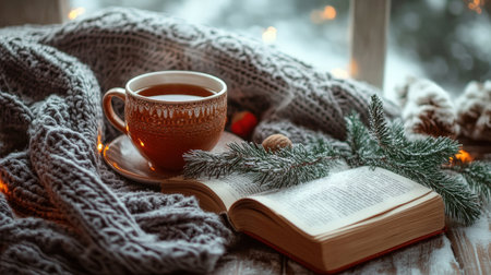 Cup of hot tea, book and Christmas tree branch on windowsill