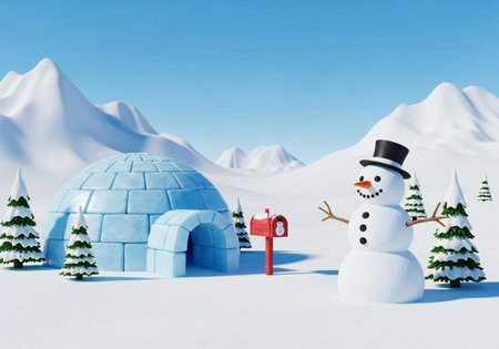 Snowman with snow house and mailbox in winter landscape. 3d render