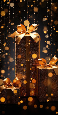 Gift boxes with golden bows on a dark background with bokehの写真素材
