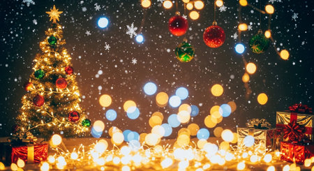 Christmas background with Christmas tree, gifts and lights. Copy space.の写真素材