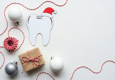 Christmas decoration on white background with copy space. Top view. Flat lay.の写真素材