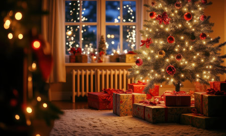 Beautiful Christmas tree with presents in living room at night. Space for textの写真素材