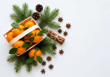 Christmas composition with tangerines and fir branches on a white backgroundの写真素材