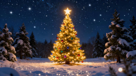 Christmas tree in the winter forest at night with a starry skyの写真素材