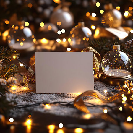 Blank card with Christmas decorations and bokeh lights on backgroundの写真素材