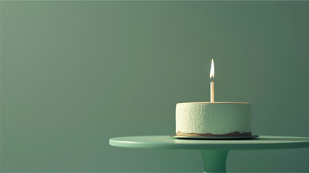 3d rendering of a birthday cake with a lit candle on a green backgroundの写真素材