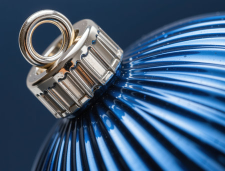 Closeup of a metal key ring on a blue christmas ballの写真素材