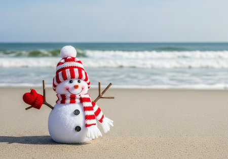 Snowman on the beach with a red heart. Christmas background.の写真素材