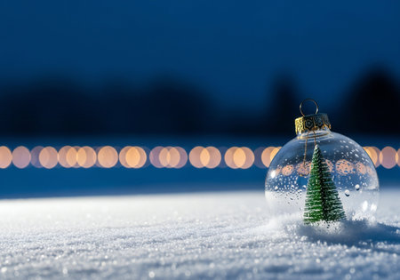 Christmas glass ball with Christmas tree on snow with bokeh backgroundの写真素材