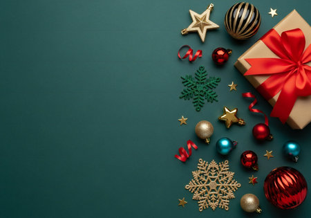Christmas decoration on green background. Top view with copy space. Flat lay.の写真素材