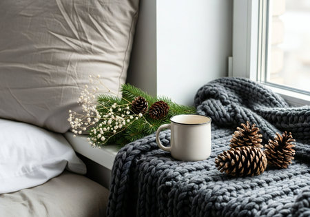 Cup of hot drink with knitted plaid on window sillの写真素材