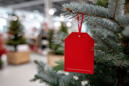 Blank red price tag hanging on christmas tree in shopping mallの写真素材