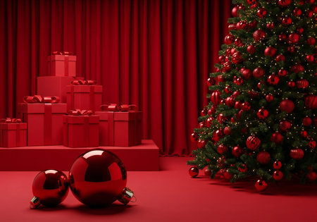 3d render of red podium with Christmas tree, gifts and ballsの写真素材