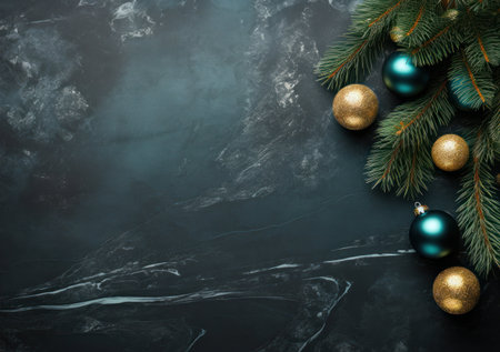 Christmas background with fir branches, balls and snowflakes on dark background