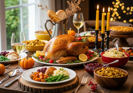 Thanksgiving dinner with roasted turkey, cranberry sauce, mashed potatoes, cornucopia, baked beans, baked pumpkin, sweet potato, cranberry sauce and breadの写真素材