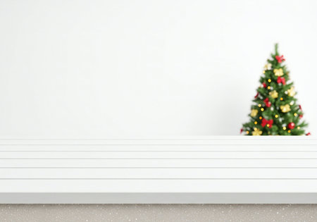 Empty top of white wood table with christmas tree on white wall backgroundの写真素材