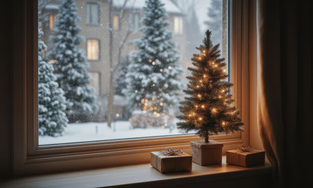 Christmas tree with gifts on the windowsill in the winter forest.の写真素材
