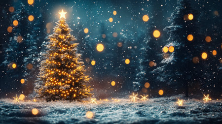 Christmas tree with glowing lights in snowy forest at night. 3D renderingの写真素材