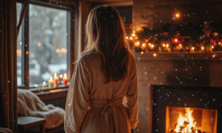 A young woman in a bathrobe stands by the window and looks at the snowflakes.の写真素材
