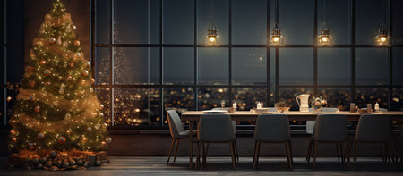 3d rendering of christmas tree in dining room with city viewの写真素材