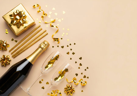 Valentine's day background with champagne, gift box and golden confettiの写真素材