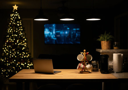 Wooden desk with laptop and Christmas tree in the background at nightの写真素材